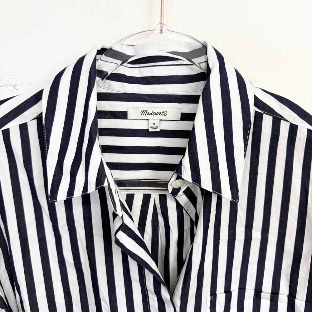Madewell Easy Y-Neck Button Up Shirt Navy White Stripe Small 100% Cotton - Picture 4 of 6